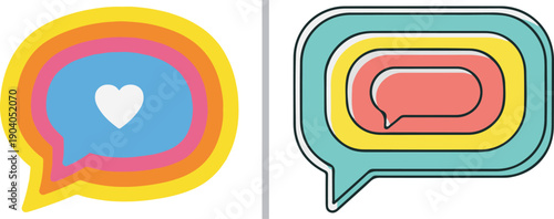 Two vibrant, multi-layered speech bubble icons. One features a heart in the center of blue, pink, and yellow rings; the other has nested bubbles in teal, yellow, and coral pink.