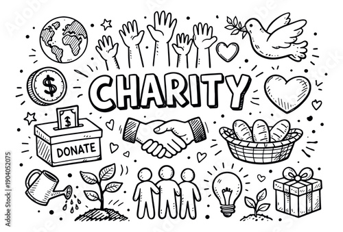 Line art charity illustration set featuring helping hands, a globe, donation symbols and hearts for giving and community support
