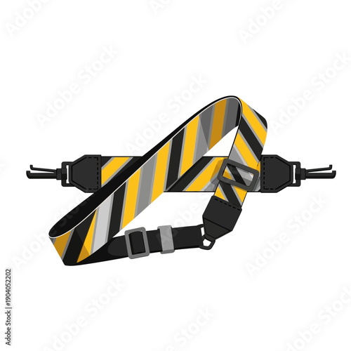 Stylish striped camera strap with buckle and clips, isolated on white background.