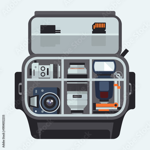 Camera bag with equipment: camera, lenses, flash, memory cards