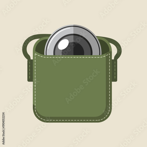 Camera lens in a green pocket, photography concept