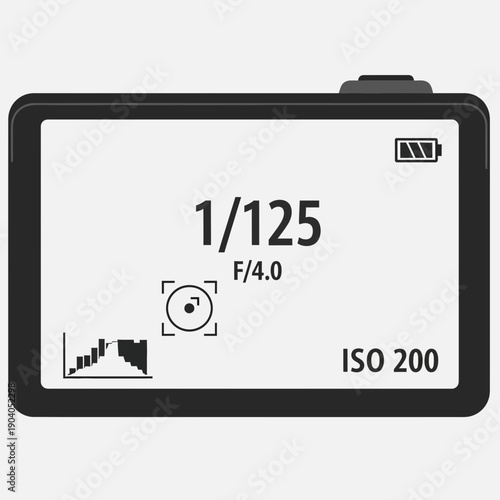 Digital camera LCD screen showing exposure settings: 1/125s, f/4.0, ISO 200