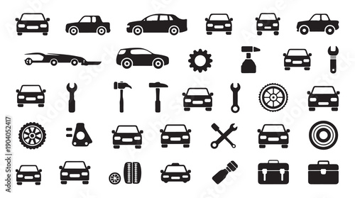 Comprehensive car service icons set showing vehicles tools tires and mechanical components