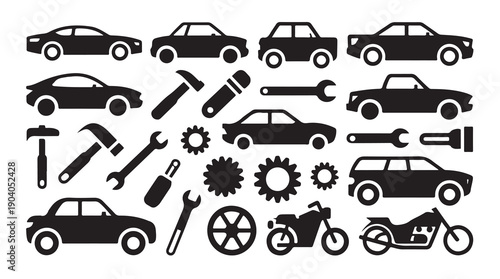Car and motorcycle service elements with various vehicle types and mechanic tools set