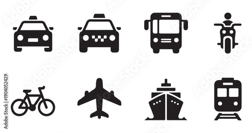 Variety of land, air, and sea transportation vehicles including taxi, bus, bike, plane, train