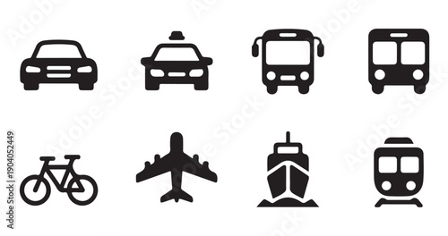 Set of eight modern transportation icons including car bus bicycle airplane ship and train