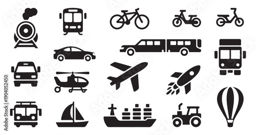 Diverse collection of transportation icons including train bus bicycle motorcycle car airplane rocket