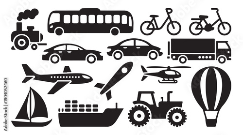 Compilation of transportation icons featuring train bus bicycle car truck airplane rocket helicopter