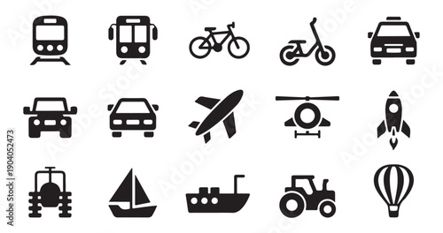 Arrangement of transportation icons with train bus bicycle scooter car airplane helicopter rocket