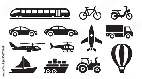 Assortment of transportation icons with train bicycle motorcycle car airplane helicopter rocket