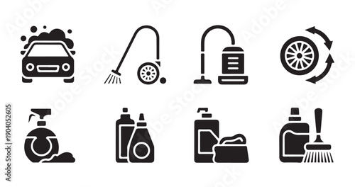 Car wash and cleaning icons set for auto detailing service and vehicle maintenance