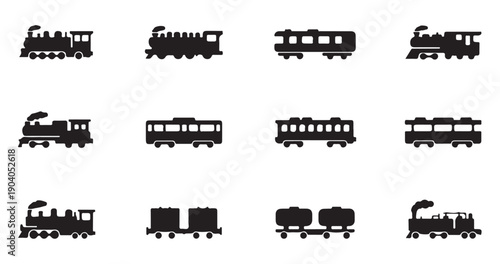Vintage train silhouettes for railway transportation design and industrial heritage projects