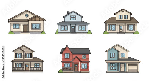 Residential House Vector Icons Set. Collection of 6 Suburban Homes in Flat Line Art Style. Real Estate Architecture Clipart.