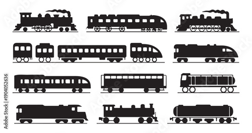 Modern and classic train silhouettes for public transportation maps and railway travel icons