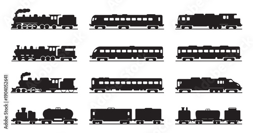 Detailed railway locomotive silhouettes for transport logistics and historic train designs