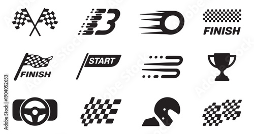 Racing car icons set including checkered flags, finish line, start flag, speed symbol, and trophy
