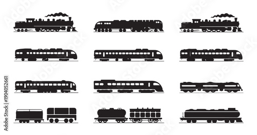 High speed train silhouettes and locomotive engines for modern rail transportation graphics
