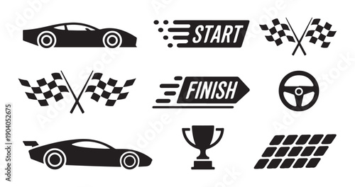 Race car and icons set with start finish signs, checkered flags, and trophy symbol