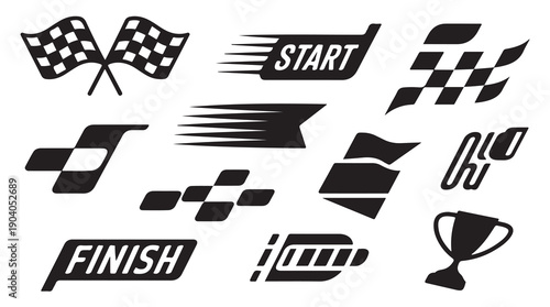 Racing car icons set including start finish line, speed elements, and checkered flag symbols