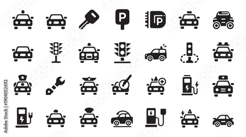 Car icons set including various car types, traffic lights, keys, parking, and gas station