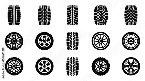 Diverse collection of tire and wheel designs in black and white, featuring various patterns