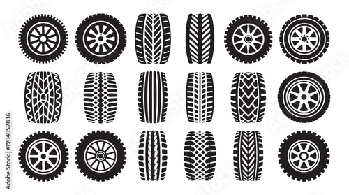Set of car tires and treads collection vector illustration