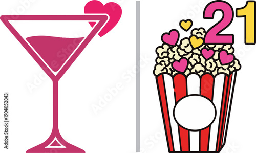 A pink martini glass with a heart garnish alongside a striped popcorn bucket overflowing with heart-shaped kernels and the number 21. A vibrant, celebratory flat vector design.