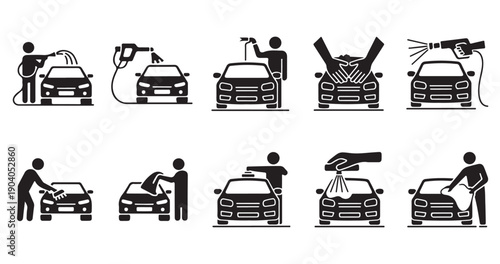 Car wash icons set person washing car icons vector