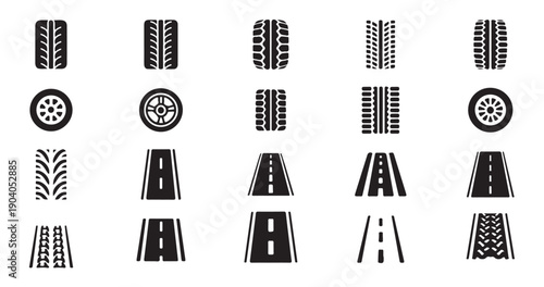 Automotive tire tread patterns and road markings icons for transport and vehicle maintenance