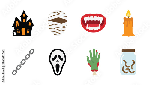 Halloween Spooky Icons Set: Haunted House, Vampire Fangs, Mummy, Zombie Hand, Mask, Candle, Chain, Worms