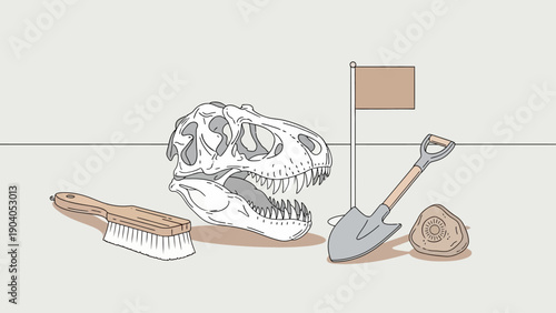 Dinosaur Fossil Discovery Illustration with Paleontology Tools and Flag