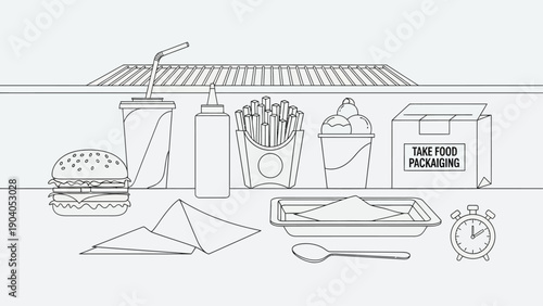Minimalist line art illustration of various fast food items and takeaway packaging.