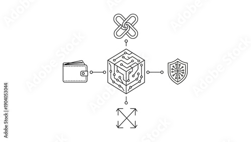 Blockchain network with wallet, security, and links icons.