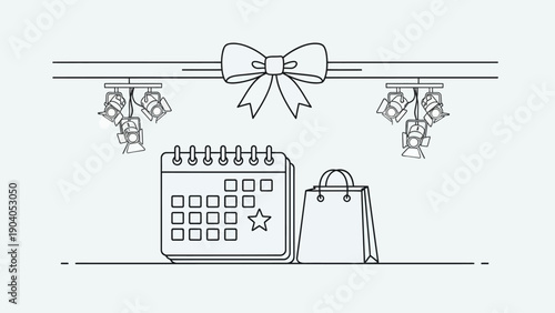 Event planning with calendar and shopping bag, festive ribbon and spotlights