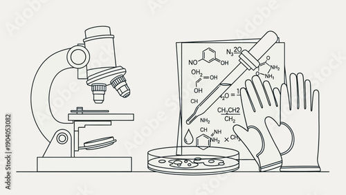 Illustration of science laboratory equipment and chemical formulas.