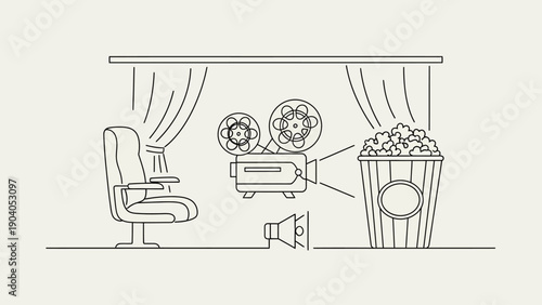 Classic movie cinema experience with vintage projector and popcorn bucket outline illustration.