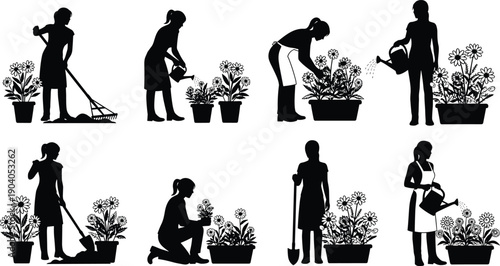 Gardening woman silhouettes set showing planting, watering, and garden care activities with flowers and tools isolated on white background for home gardening concepts