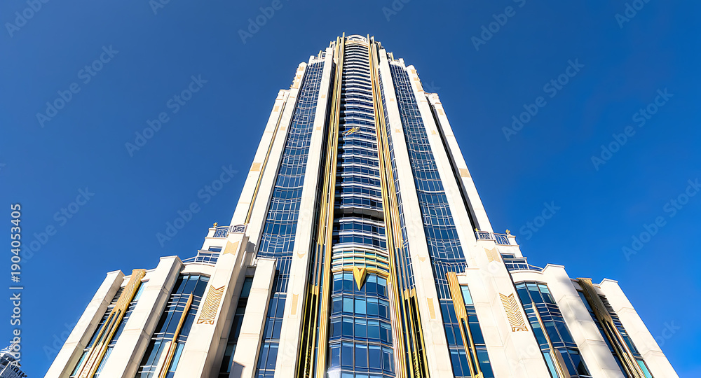 Naklejka premium Striking Art Deco Inspired Skyscraper Architecture Against Blue Sky.