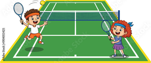 Happy cartoon kids playing tennis on green court promoting healthy lifestyle outdoor sports fun childhood fitness illustration isolated vector design education teamwork recreation concept