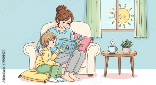 Mother reading book to child on couch in living room with sunny window