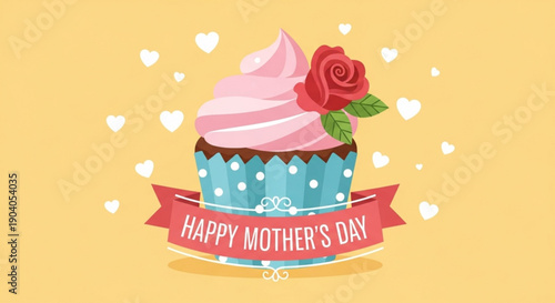 Colorful cupcake with pink frosting and rose for mother's day celebration