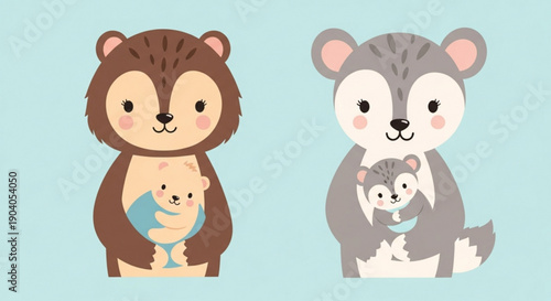 Cute cartoon bears holding their adorable baby cubs in a loving embrace