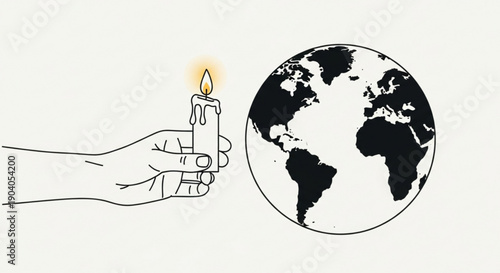 Hand holding lit candle next to black and white earth globe symbolizing hope and unity