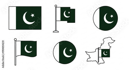 Pakistan flag icons and map with national symbol