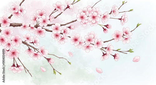 Pink cherry blossoms on a branch with green leaves and petals