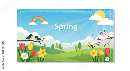 Vibrant spring landscape with blooming flowers birds and bee in sunny meadow