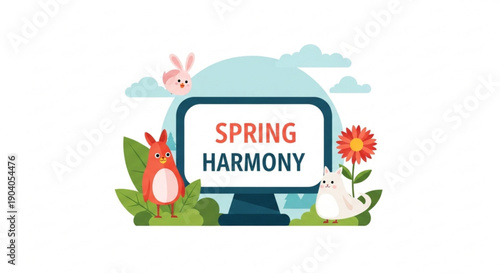 Spring harmony illustration with bunny bird and flower