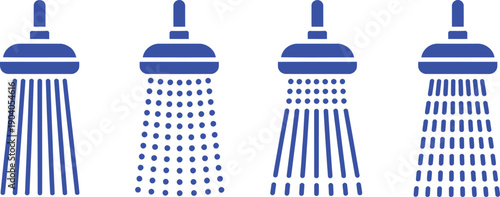 Four Blue Shower Head Showing Different Water Spray Patterns