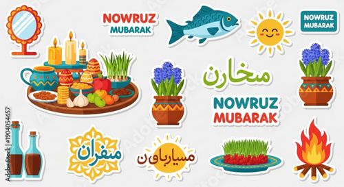 Nowruz mubarak festive icons and symbols for spring celebration