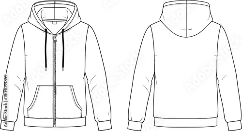 Hooded zip up sweatshirt technical flat sketch front and back view, casual hoodie vector illustration for fashion design, apparel production, and garment specification use